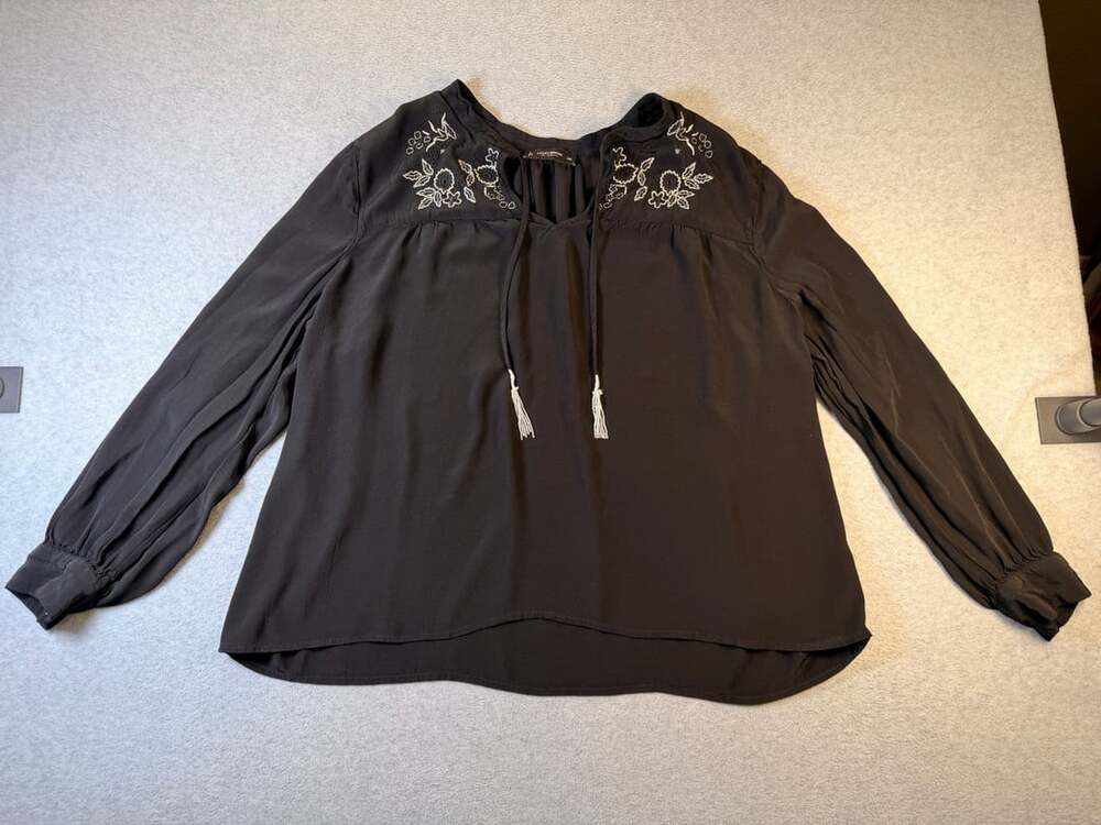 Lucky Brand Black Embroidered Yoke Peasant Top with Tie Neck Size XXL